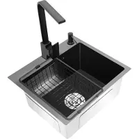 StarTech.com Juego de fregadero de cocina: un solo lavabo rectangular, acero inoxidable cepillado, con grifo (2 orificios), dimensiones 45x40x20 cm, incluye rejilla de desagüe, color negro