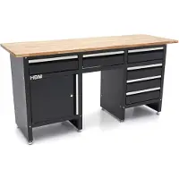 HBM banco de trabajo 171 cm con 6 cajones y puerta, encimera de madera maciza, negro