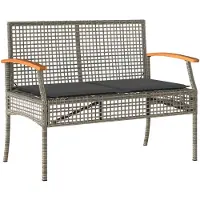 vidaXL Banco de jardín con cojín, color gris, tejido de polirratán, estructura de madera de acacia