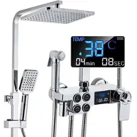 Zelurxx Sistema de ducha con termostato, juego de ducha de lluvia, grifo de ducha, indicador LED, color plateado