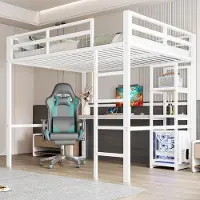 Sweiko Cama alta , 140 x 200 cm, estructura de hierro, varios estantes, escritorio con toma de corriente, con puerto USB tipo-C, barandilla, escalera de acceso, sin colchón, color blanco