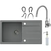 VBChome Lavabo con grifo, 77 x 44 cm, gris. Lavabo de un solo seno, encimera, superficie antideslizante, diseño moteado, reversible, de granito. Incluye: sifón, dispensador de detergente y grifo
