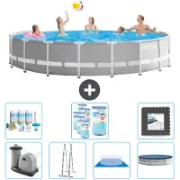 Intex Piscina redonda con estructura prismática – 548 x 122 cm – Gris – Incluye bomba, escalera, liner, cubierta y kit de mantenimiento. También incluye filtro y baldosas para el fondo