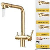 OEM Grifo de cocina, de dos mandos, con función de rociador extensible, acabado en dorado cepillado