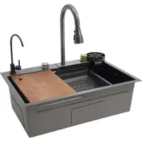 StarTech.com Fregadero de cocina: doble seno de acero inoxidable, con grifo, ducha extraíble, 2 orificios, diseño tipo cascada, 68x45x21 cm, color negro