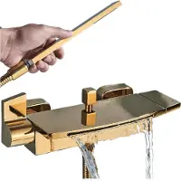 ARI Grifo de lavabo de pared, modelo , con salida tipo cascada, cartucho cerámico, fabricado en latón, color dorado