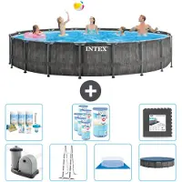 Intex Piscina redonda con estructura tipo prisma, color gris madera – 549 x 122 cm – incluye bomba, escalera, liner, cubierta y kit de mantenimiento: filtro y placas para el fondo