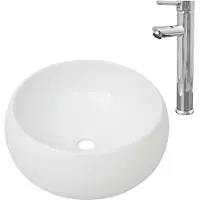 Syfax Lavabo de baño redondo con grifo mezclador cerámica blanco