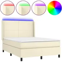Syfax Cama box spring colchón y LED cuero sintético crema 140x190 cm
