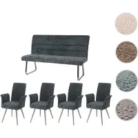 Mendler Conjunto de comedor HWC-G55, juego de 4 sillas con reposabrazos + banco de 160 cm, acero inoxidable cepillado, tapizado en tela tipo chenille, color azul verdoso