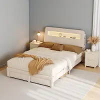 ProximaX Cama tapizada de 140x200 cm con iluminación LED y 2 cajones – Cabecero de terciopelo con estante y carga USB, cama con almacenamiento para dormitorio, color beige