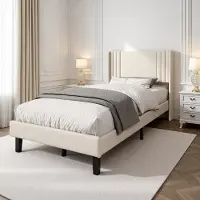 ProximaX Cama individual de 90x200 cm, color beige. Estructura de lino, somier resistente, espacio de almacenamiento de 15 cm, cama moderna para el dormitorio