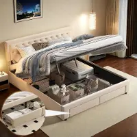 ProximaX Cama con almacenamiento , 160x200 cm, color beige, tapizada en terciopelo, con sistema hidráulico, cajón interior y 2 cajones