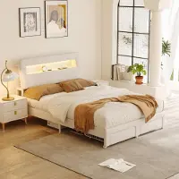 UnboxG Cama tapizada de 140x200 cm con iluminación LED y estación de carga USB/Type-C, 2 cajones, cabecero con espacio de almacenamiento, color beige