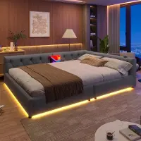 ALFORIGO Sofá cama de 140x200 cm con somier, luces LED de 7 colores con mando a distancia, puertos USB y Type-C, respaldo con botonadura, tapizado en lino, color gris