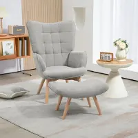 Sweiko Sillón reclinable con reposapiés, sillón de estilo relajado con apariencia de cuerda, sillón con reposabrazos y patas de madera, ideal para el salón, color gris
