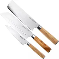 Eden Küchenmesser Eden Sugoi Olive juego de 3 cuchillos santoku, nakiri y cuchillo multiusos