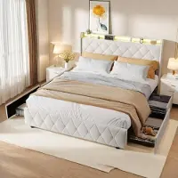 ProximaX Cama tapizada de 160x200 cm con 4 cajones, iluminación LED RGB, estación de carga USB/Type-C, cabecero con espacio de almacenamiento, cama doble, tapizada en terciopelo, color beige