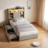 ProximaX Cama tapizada de 90x200 cm con puertos USB y Type-C, cama con somier y 2 cajones, cama individual con detalles en cuero sintético, cama juvenil con espacio de almacenamiento, color gris