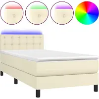 Syfax Cama box spring y colchón LED cuero sintético crema 90x190 cm