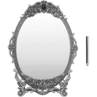 Gistuch Espejo de maquillaje retro para escritorio, con detalles florales en relieve, bordes con incrustaciones de perlas, imagen nítida, diseño funcional, estilo vintage y detalles en color plateado