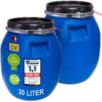 Plasteo : 2 unidades, bidones de 30 litros con tapa, boca ancha, ideales para almacenar pienso, agua, para camping, transporte, mosto o agua de lluvia. Fabricados en plástico, herméticos