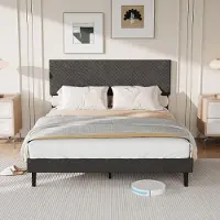 UnboxG Cama tapizada de 140x200 cm, color gris lino, con cabecero acolchado, estructura de metal resistente con somier, diseño atemporal para dormitorios