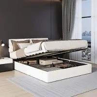 UnboxG Cama tapizada de 160x200 cm con sistema de elevación hidráulico, revestimiento de felpa tipo "teddy" en color crema, y estación de carga USB de doble cara