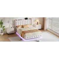 UnboxG : Cama tapizada de 140x200 cm, color blanco, con tejido de terciopelo, diseño flotante, iluminación LED RGB, estación de carga en la cabecera y diseño con botones para el dormitorio