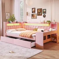 STILVORA Daybett de 140x200 cm, tapizado con colchón, cama con puertos USB e iluminación LED, cama tapizada con escritorio integrado, sofá cama con 2 cajones, color rosa