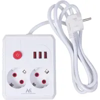 Macleans : Regleta de enchufes con cable de extensión, 2 enchufes + 3 puertos USB, 110-240V AC, 50/60Hz, 2 enchufes de 1A máx., 2500W, 1.5 metros, color blanco. Modelo: MCE387 W