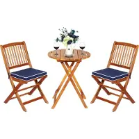 Costway Conjunto de muebles de jardín de 3 piezas de , con cojines, plegable, juego de asientos de madera, color azul