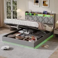 Moonbite Cama con espacio de almacenamiento, tamaño 140x200, luces LED multicolores: ambiente cálido, espacio de almacenamiento con sistema hidráulico, puerto USB