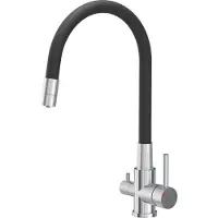 Quadron Grifo de cocina AGNES, mezclador de tres vías, 360°, color: acero, altura: 42,5 cm. Grifo de cocina de acero inoxidable, flexible, para uso en la cocina
