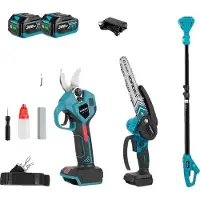 OEM Sierra de cadena, motor sin escobillas, longitud telescópica ajustable, 2 baterías