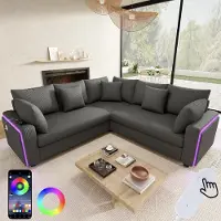 Merax Sofá de esquina en forma de L de con iluminación LED, puerto de carga USB, cojines, tapizado en tela, sofá moderno para sala de estar, dormitorio, apartamentos, color gris