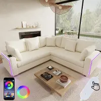 Merax Sofá de esquina en forma de L de con iluminación LED, puerto de carga USB, cojines, tapizado en tela, sofá moderno para sala de estar, dormitorio, apartamentos, color beige
