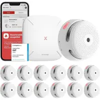 X-Sense Kit de detectores de humo inteligentes modelo XS01-M con estación base SBS50, certificado que incluye 12 detectores de humo modelo XS01-M y la estación base SBS50