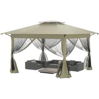 QEENTOE Pabellón pop-up para jardín de 4x4 metros, estructura metálica con techo doble, 4 paneles laterales con mosquitera, color caqui, ideal para jardín, fiestas y puestos de mercado
