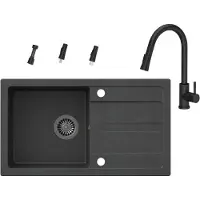 VBChome Lavabo con grifo, 77 x 44 cm, color . Fregadero de un solo seno, encimera, superficie antideslizante, reversible, de granito. Incluye: sifón, dispensador de detergente y grifo