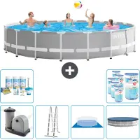 Intex Piscina redonda con estructura prismática – 610 x 132 cm – Gris – Incluye bomba, escalera, liner, cubierta y kit de mantenimiento con filtro