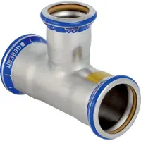 Geberit GE Mapress, acero inoxidable, para gas, codo en T con salida reducida, diámetro 76,1 x 54 x 76,1 mm, 1 unidad.