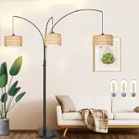 Lapamax Lámpara de pie LED, estilo ratán, con arco curvado y ajustable, que incluye 3 bombillas. Lámpara de pie con doble pantalla, ideal para lectura, y con interruptor de botón
