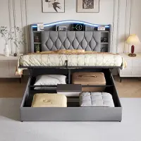 ProximaX Cama doble de 160x200 cm, tapizada en terciopelo gris, con espacio de almacenamiento con sistema hidráulico, iluminación LED RGB y estación de carga USB, además de carga inalámbrica