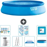 Intex Piscina inflable redonda Easy Set de – 457 x 107 cm – Azul – Incluye bomba, escalera, lona para el suelo, cubierta y kit de mantenimiento con filtro y baldosas para el fondo