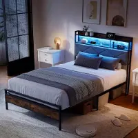 ProximaX Cama de metal , 90x200 cm, estilo industrial: con iluminación LED, cabecero con espacio de almacenamiento y puerto USB-C, tapizada en terciopelo, cama individual