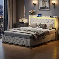 ProximaX Cama tapizada de 140x200 cm con iluminación LED y estación de carga USB – cama hidráulica doble con espacio de almacenamiento, tapizada en terciopelo color beige