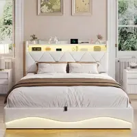 ProximaX Cama tapizada de 140x200 cm, color beige, con iluminación LED y puerto USB-C. Incluye espacio de almacenamiento hidráulico, tapizada en terciopelo y con cabecero