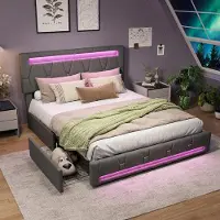 ProximaX Cama tapizada de 160x200 cm, color gris, con iluminación RGB LED – Cama doble con 4 cajones, cabecero ajustable en altura y espacio de almacenamiento