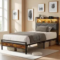 ProximaX Cama de metal LED , 90x200 cm: Cama individual con puerto USB-C y espacio de almacenamiento en el cabecero, tapizada en terciopelo, estilo industrial